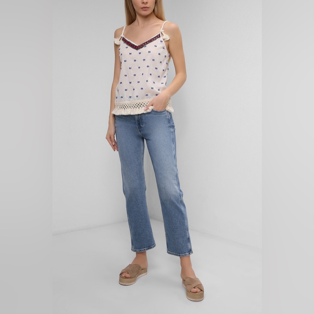 Pinko - P.Jeans Beaded V-neck Tank Top Wasabi Boho 100% Cotton Size 40 Small